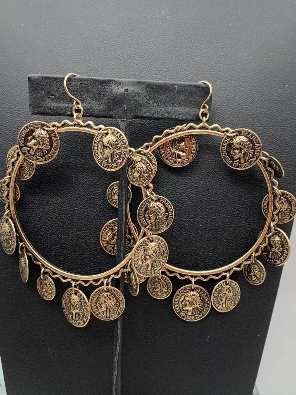 Antiqued Gold tone faux Coin Hoop Earrings - Women Jewelry